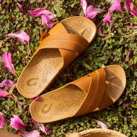Olukai Kīpe‘a ‘Olu Women’s Leather Floral Foot Slide Sandals Size 9 - Picture 1 of 11